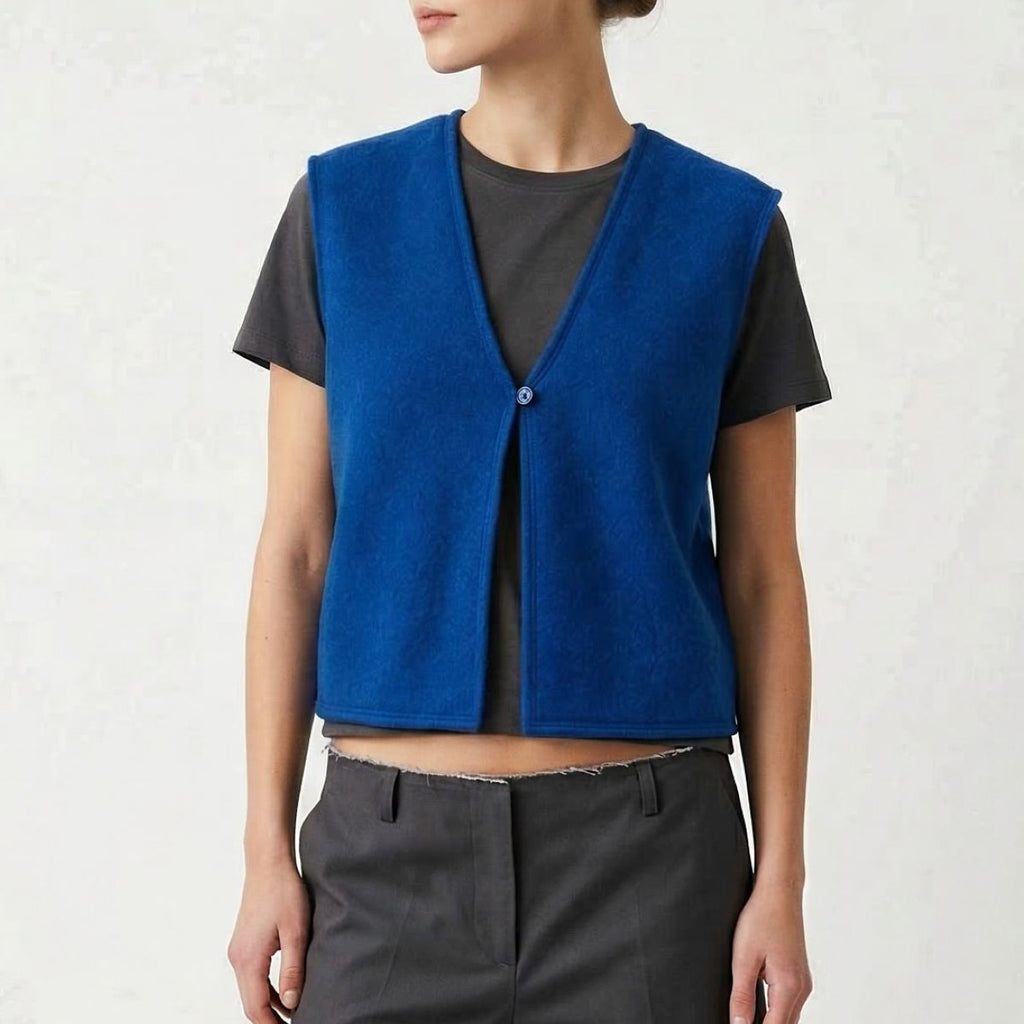 Wool vest made of jersey knit fleece with one button (royal blue)